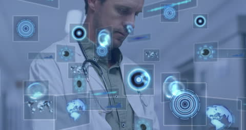 Doctor Analyzing Holographic Data in High-Tech Hospital