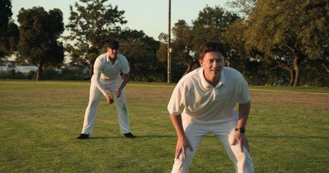 Cricket players crouching and fielding on sunlit grassy outfield during golden hour