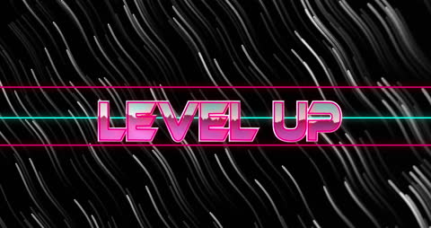 Retro Neon Level Up Graphic on Dynamic Background