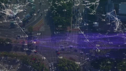 Digital Network Overlay on Bustling Cityscape