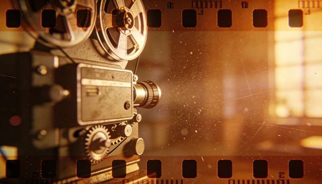 Nostalgic vintage film projector casting amber light through dusty window with reels