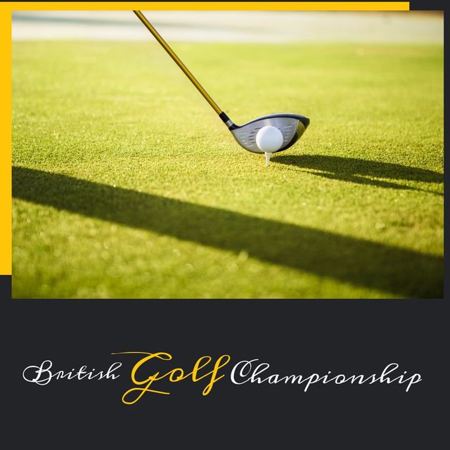 Digital composite image of text on frame with golf club by golf ball on tee at course. sport, sportsperson, shadow, sunny, competition, championship, match and traditional sport concept.