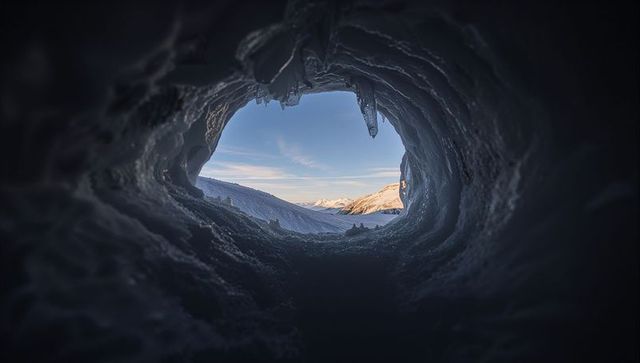 Peering through ice tunnel revealing sunlit alpine ridges and snowy valley at dawn