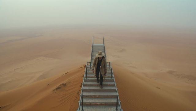 Solitary explorer walking on metal staircase in vast desert landscape