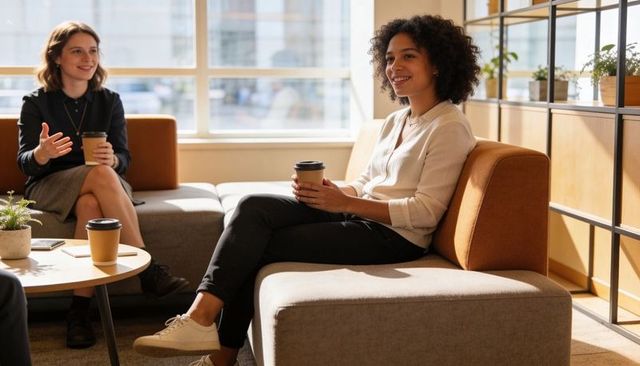 Colleagues sharing coffee in modern office lounge smiling and holding cups by window