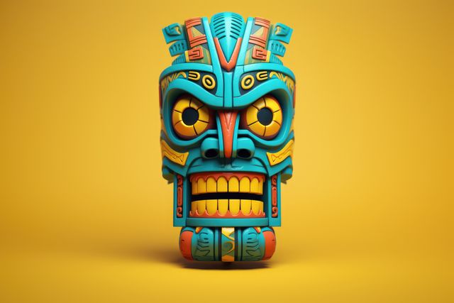 This vibrant Aztec-inspired totem head showcases intricate tribal designs and vivid colors, making it ideal for use in cultural studies materials, art and design projects, or as a background in presentations and marketing materials related to history or indigenous cultures. Its bright yellow background adds a cheerful touch, perfect for children's books or educational content.