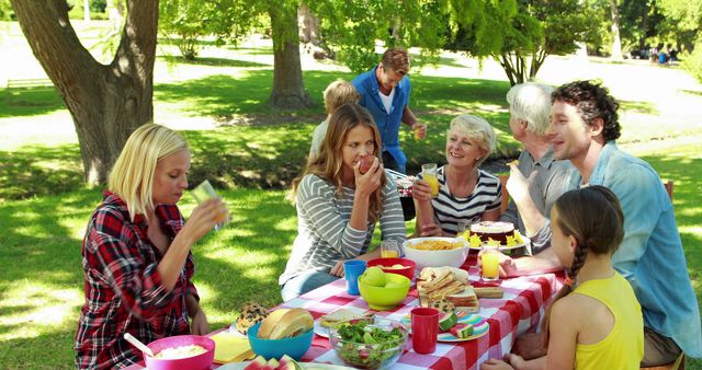 Multigenerational family and friends are sitting at picnic table in a park, enjoying food on a sunny day. They are sharing a meal, engaging in conversation, and smiling. Perfect for themes of family gatherings, outdoor activities, summer entertainment, and quality time with loved ones.