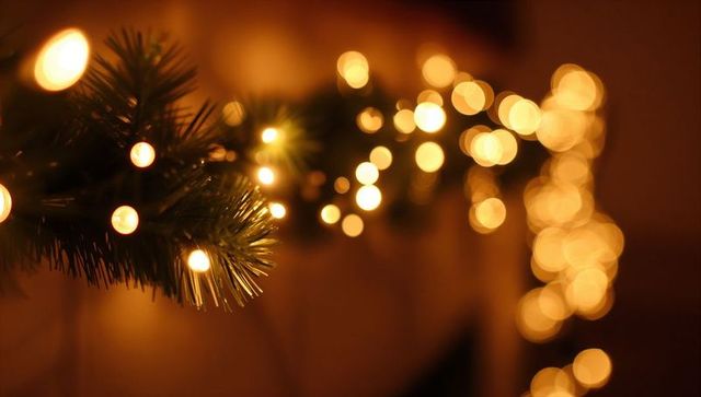 Cozy christmas garland glowing with warm bokeh lights and sharp pine needles