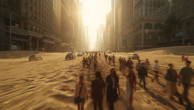 Commuters Navigating Sandy Urban Dystopia