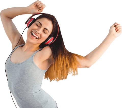 Joyful woman enjoying music with transparent headphones