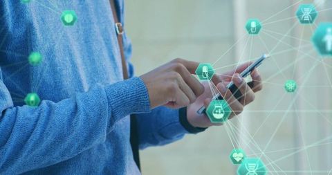 Man tapping smartphone with healthtech ar hex icons showing connected medical data