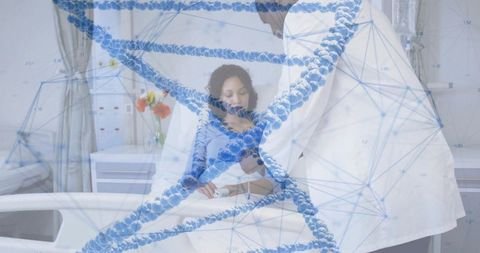 Doctor consulting patient at bedside with dna genomics overlay for precision medicine