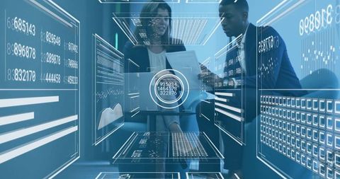 Business Professionals Analyzing Data with Futuristic Digital Interface