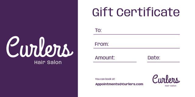 This purple-themed hair salon gift certificate template features elegant design and customizable fields to enter recipient, sender, amount, and date. Ideal for promoting salon services, special occasions, and holiday gifts. Can be used by salons to offer gift cards to clients for various services such as haircuts, styling, and coloring.