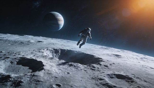 Astronaut floating above lunar crater with banded gas giant and solar flare on horizon
