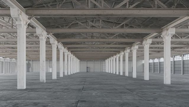 Symmetrical industrial warehouse interior featuring concrete columns and central aisle