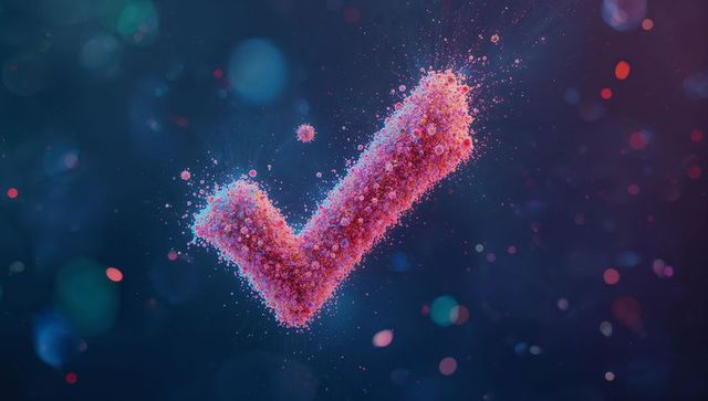 Digital Check Mark in 3D Pixel Particles on Dark Neon Background