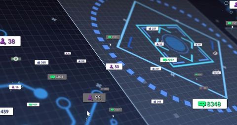 Highlighting purple user-count tag showing 55 on futuristic neon grid dashboard interface