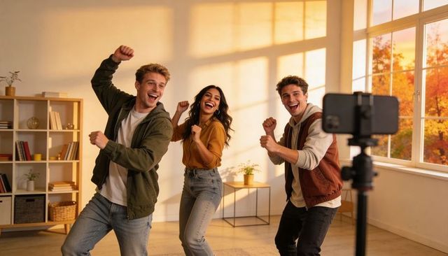 Young friends dancing in sunlit living room recording mobile video for social reels