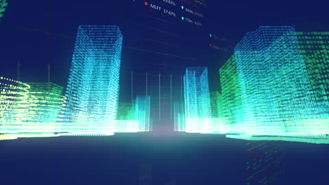 Futuristic Digital City with Data Visualizations and Graphs