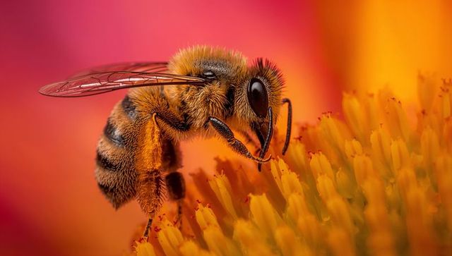 Golden honey bee feeding on yellow-orange flower macro closeup with pollen and eye detail