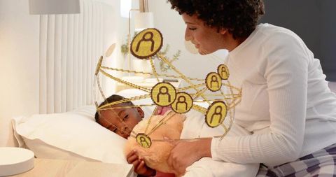 Augmented reality bedtime caregiving with connected network overlay and child tucked in