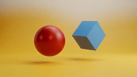 Rotating Blue Cube with Bobbing Red Sphere on Yellow Floor