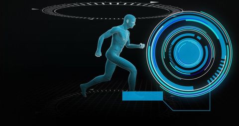 Digital Human in Futuristic Running Scene with Data Interface