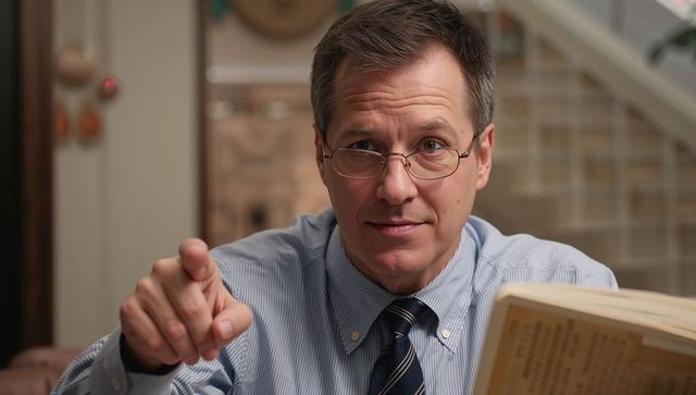Pointing middle-aged professional reading book at desk wearing rimmed glasses and tie