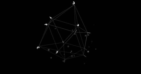 Rotating wireframe polyhedron drifting in black void emitting glowing nodes and particles