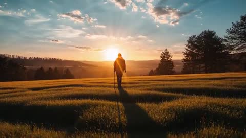 Lone hiker walking across sunlit meadow toward setting sun, casting long shadow