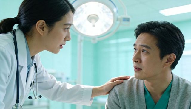 Compassionate doctor leaning and reassuring male in green scrubs during surgical consult
