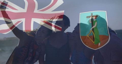 Smiling Friends Taking Selfie Together on Beach at Sunset with Union Flag Overlay