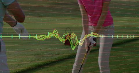 Woman Analyzing Golf Swing with Data Overlay in Outdoor Setting