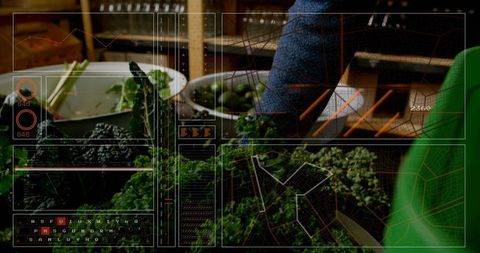 Vendor arranging kale on wooden market counter with hud overlay for rustic produce display