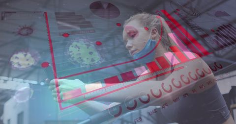 Woman Checking COVID-19 Statistics on Smartphone with Graph Overlays