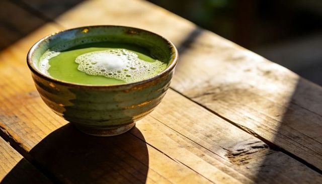 Sunlit matcha bowl resting on rustic wooden table with frothy foam and ceramic glaze