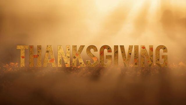 Golden Thanksgiving Letters with Floral Pattern and Sun Rays over Autumn Meadow