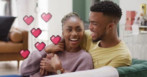 Happy Couple Embracing with Charming Pixel Hearts