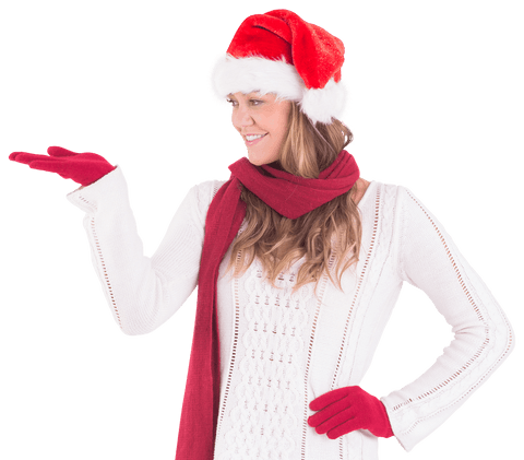 Festive woman in santa hat presenting gesture with open hand