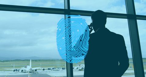 Businessman Mobile Security Blueprint Airport Window View