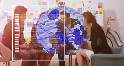 Business team examining interactive global network overlay closing deal in modern lounge