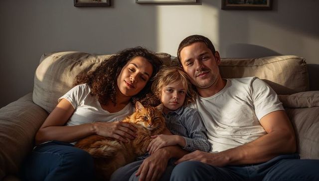 Cozy family cuddling on couch with ginger cat in warm sunlight intimate home lifestyle