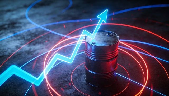 Neon oil barrel with rising price graph, futuristic red rings and blue arcs