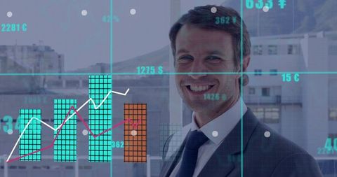 Business Professional Analyzing Data with City View Background