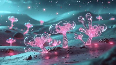 Bioluminescent Pink Mushrooms in Fantasy Alien Landscape