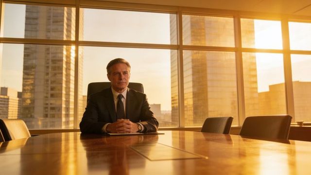 Sitting executive at boardroom table during golden hour, corporate leadership portrait