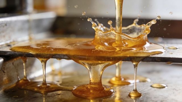 Golden syrup pouring, forming crown splash and dripping glossy honey glaze on griddle