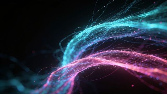 Weaving neon filament streams in cyan and magenta creating luminous abstract light trails