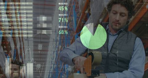 Logistics supervisor analyzing data while packing box